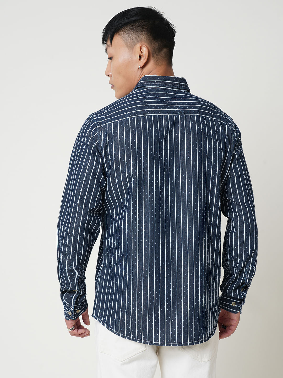 Navy Striped Ditsy Denim Shirt