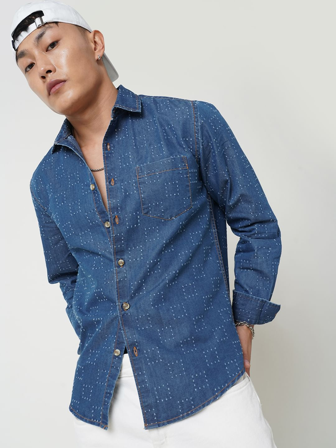 Blue Denim Contrast Stitched Shirt