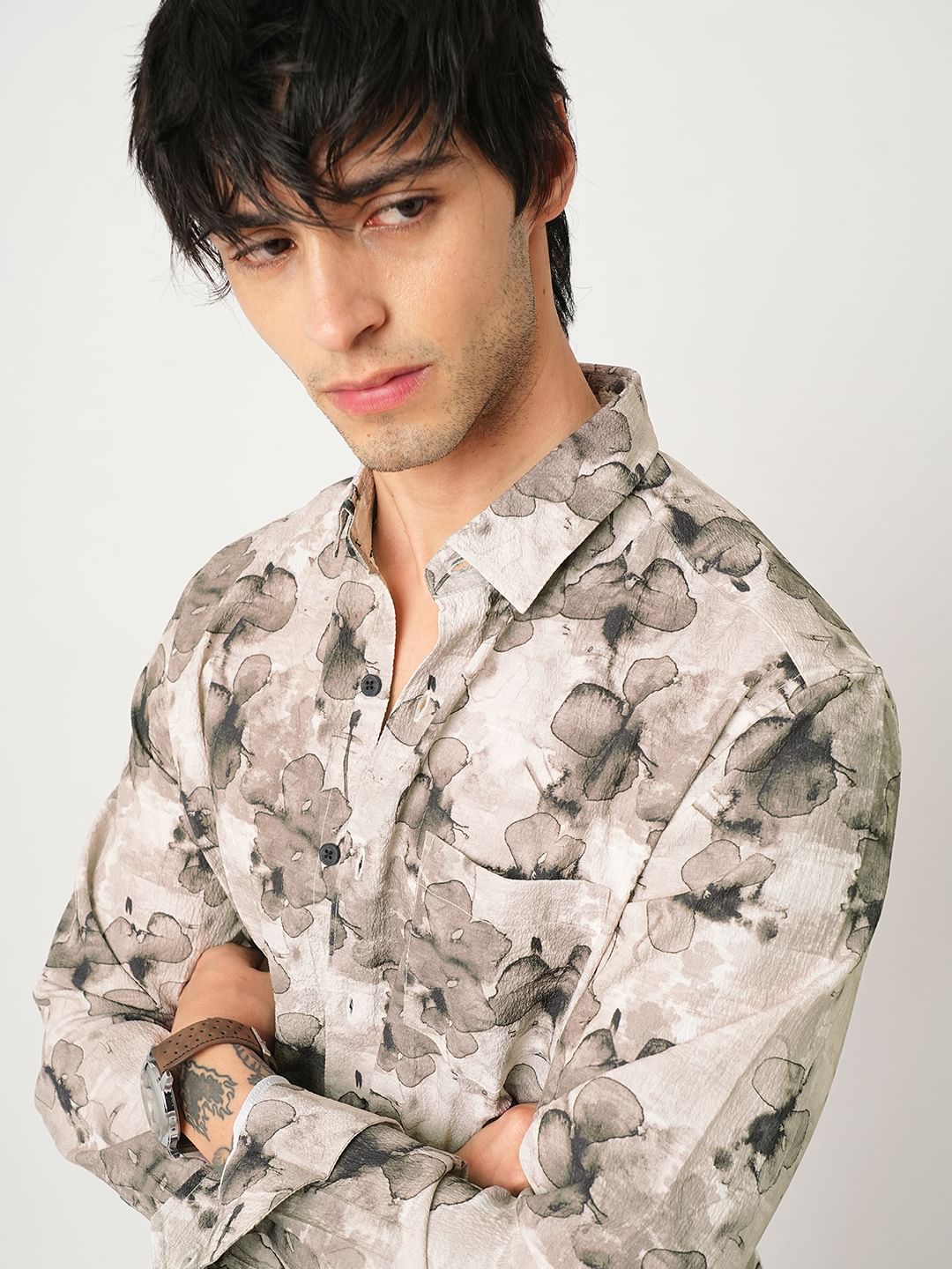 Artistic Multi Floral Gouache Creased Shirt