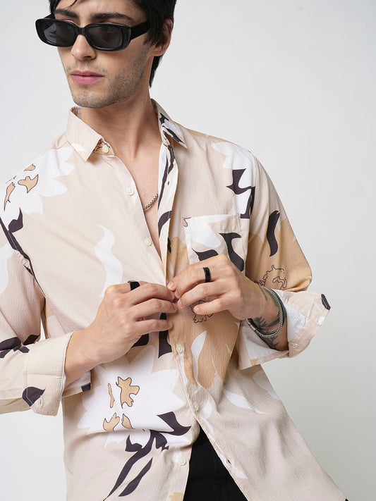 Beige Abstract Printed Creased Shirt