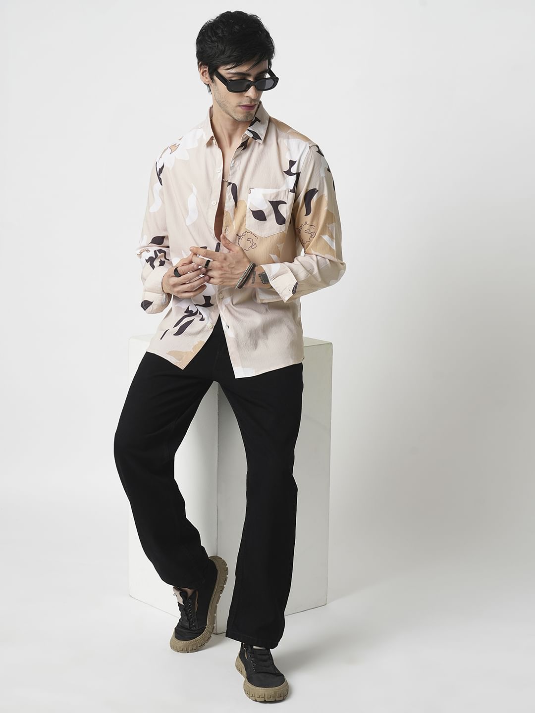Beige Abstract Printed Creased Shirt