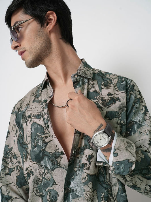 Viridian Green Abstract Printed Creased Shirt