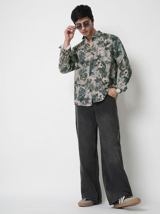 Viridian Green Abstract Printed Creased Shirt