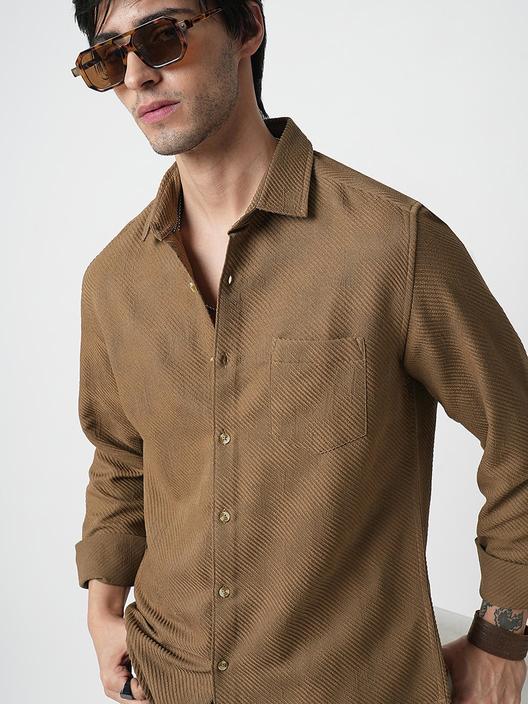 Coffee Brown Jacquard Diagonal Striped Shirt