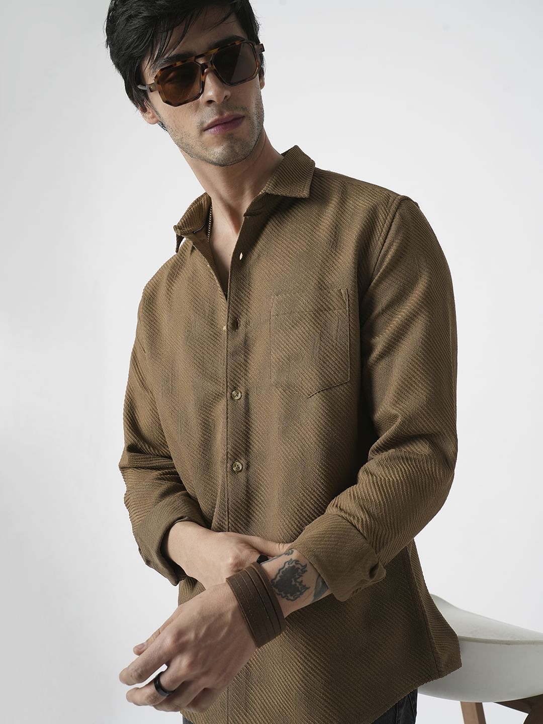 Coffee Brown Jacquard Diagonal Striped Shirt