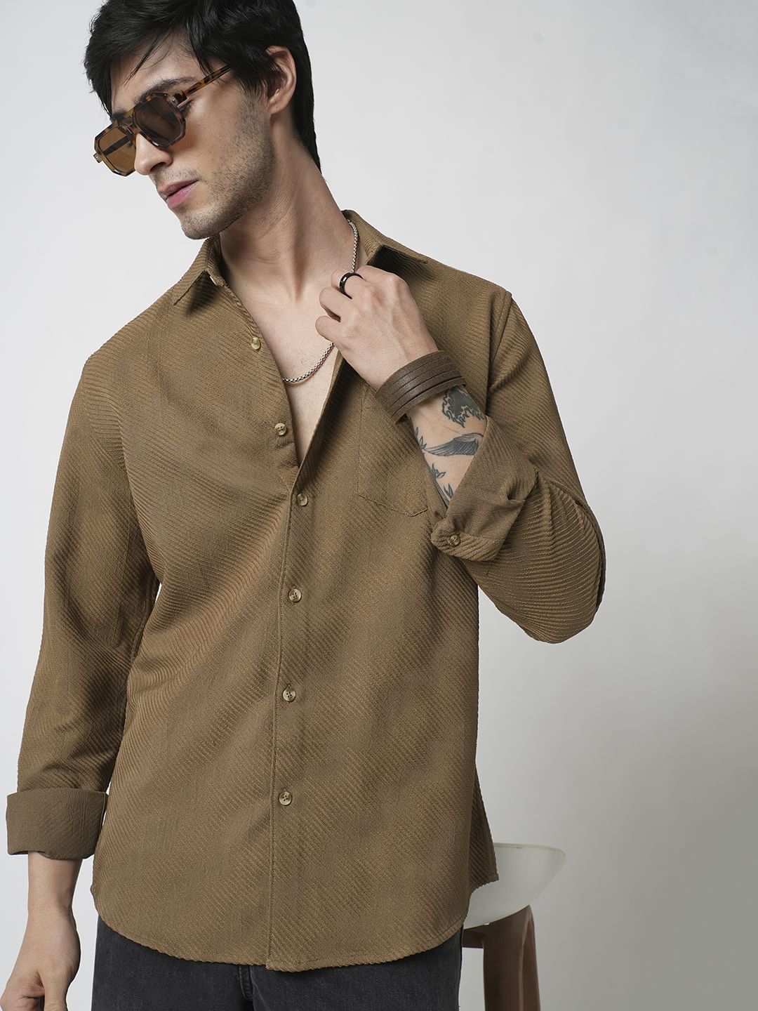 Coffee Brown Jacquard Diagonal Striped Shirt