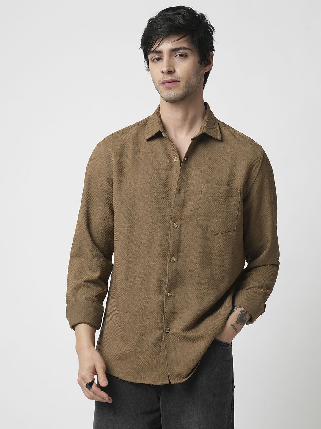 Coffee Brown Jacquard Diagonal Striped Shirt
