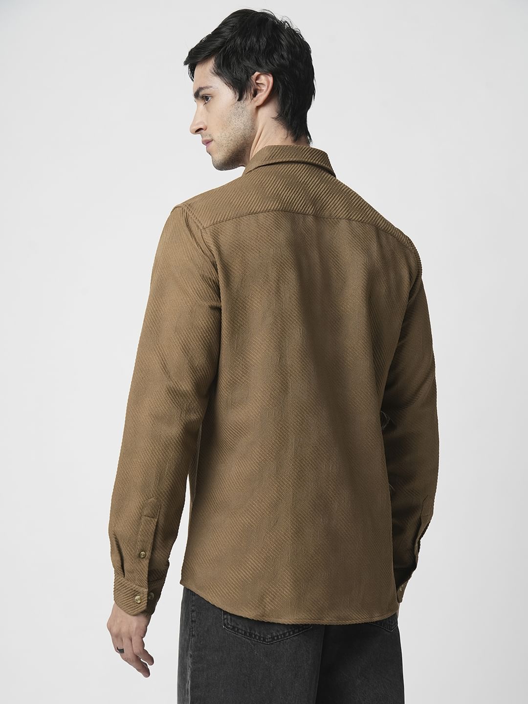 Coffee Brown Jacquard Diagonal Striped Shirt