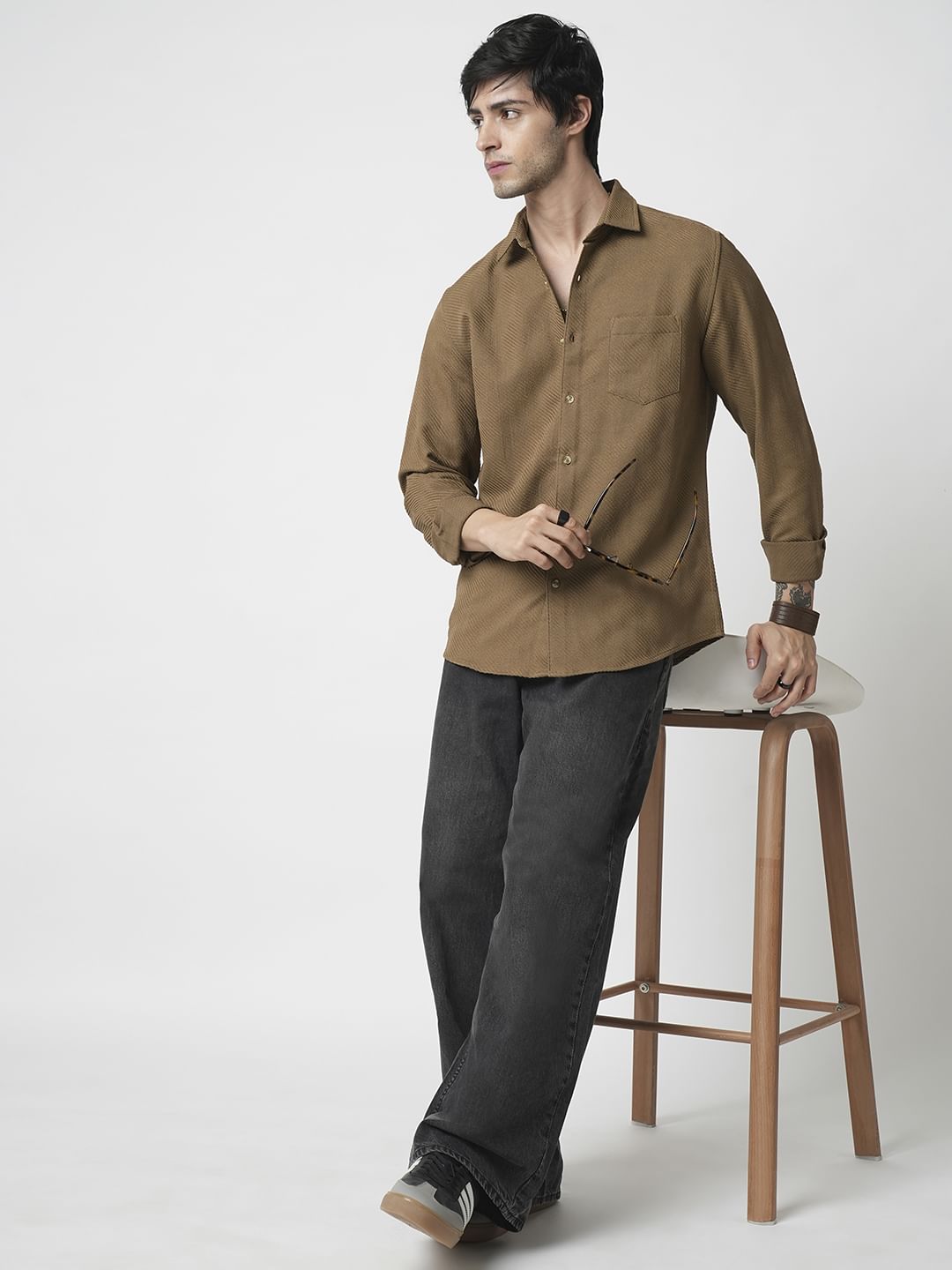 Coffee Brown Jacquard Diagonal Striped Shirt