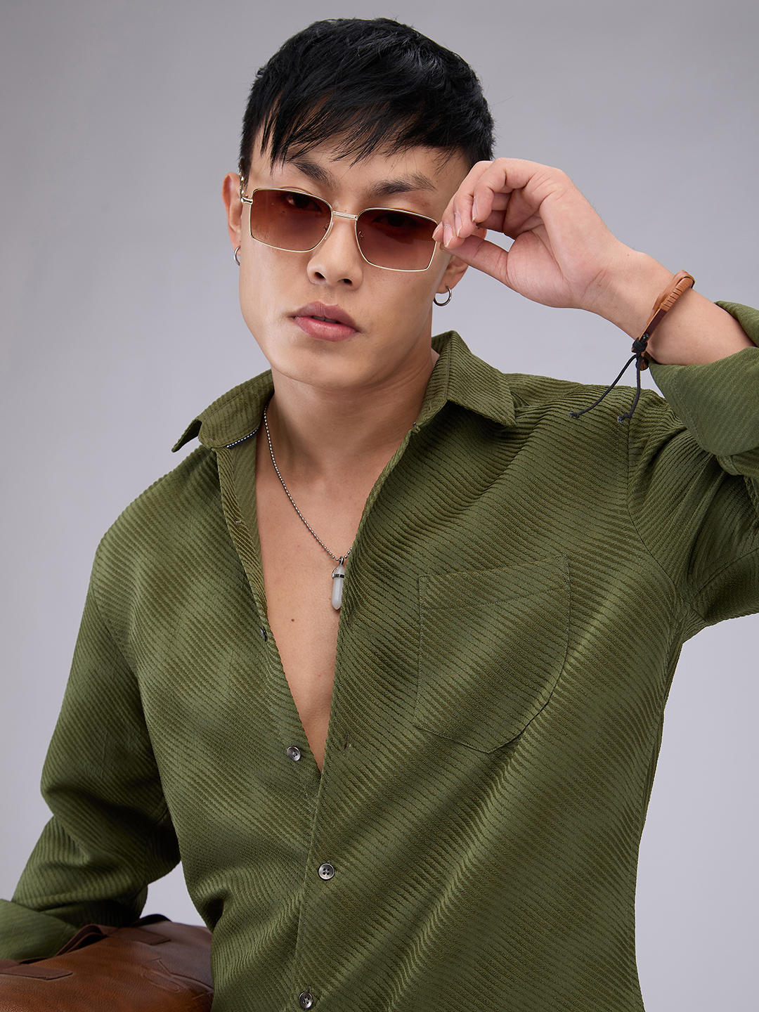 Olive Asymmetric Striped Jacquard Shirt Green - Image 1