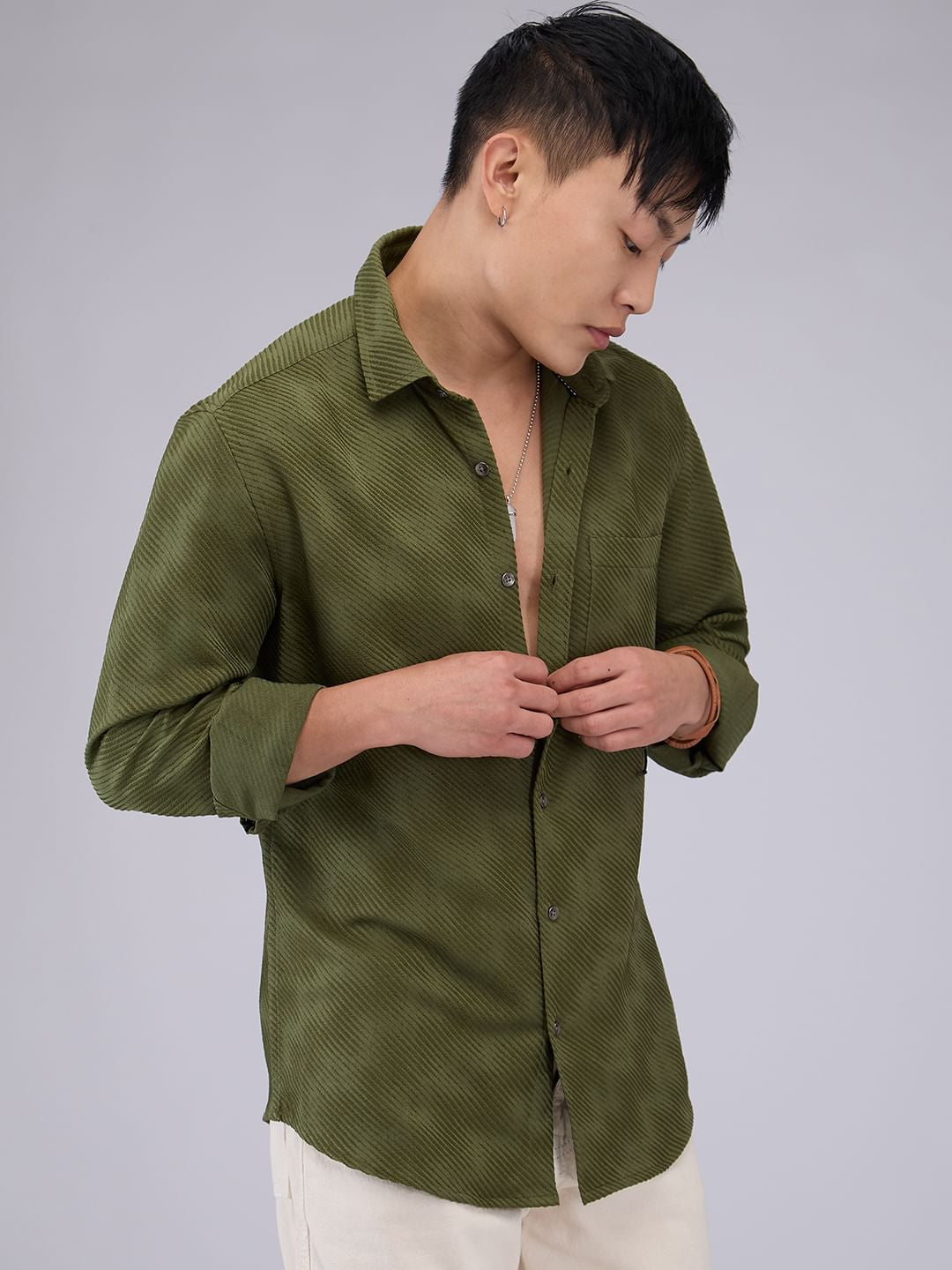 Olive Asymmetric Striped Jacquard Shirt