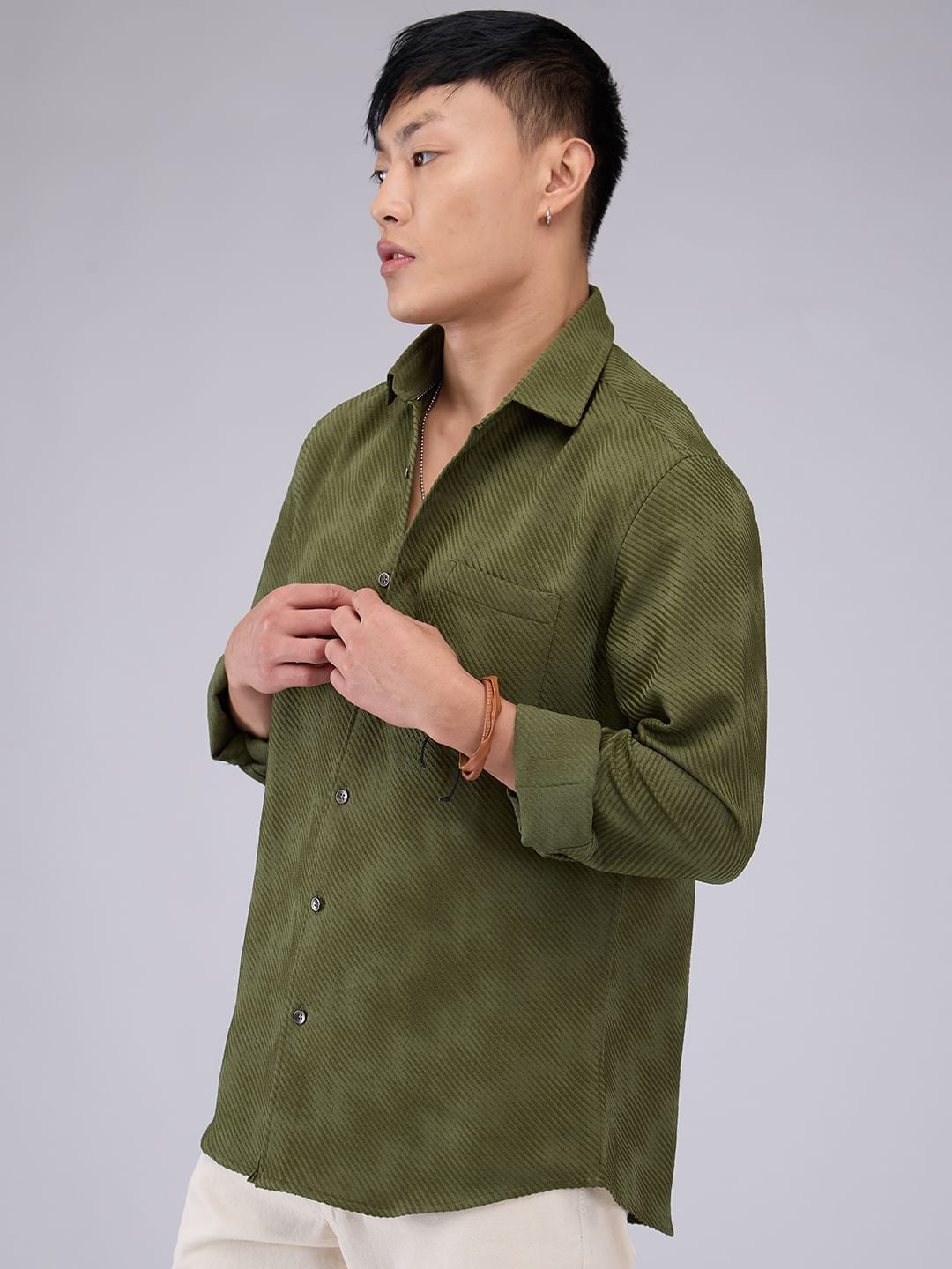 Olive Asymmetric Striped Jacquard Shirt