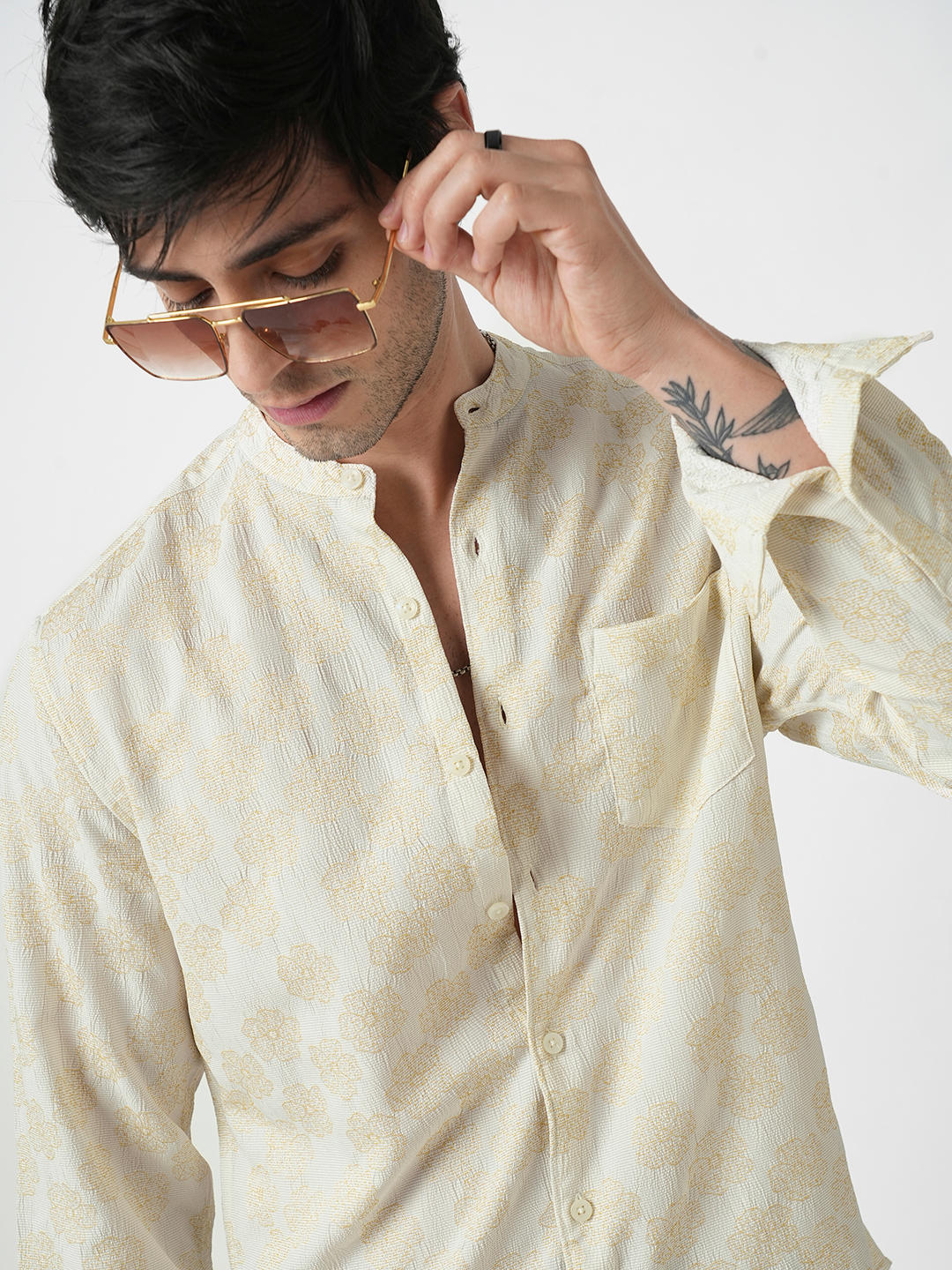 Ivory Floral Intricate Jacquard Creased Shirt