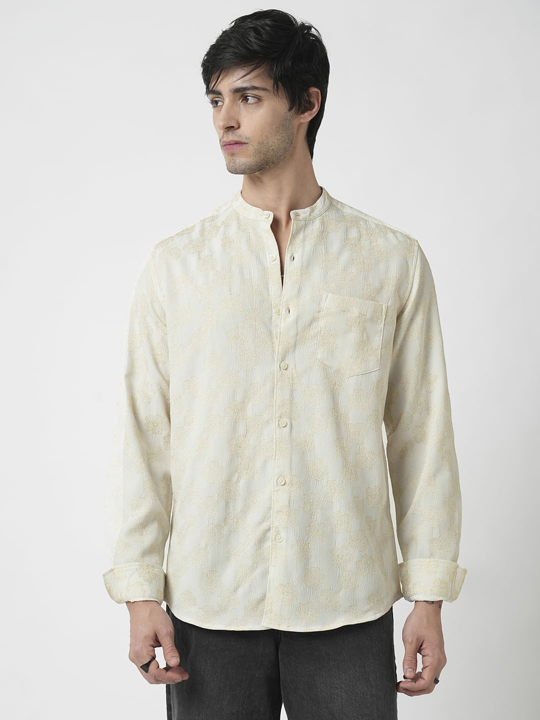 Ivory Floral Intricate Jacquard Creased Shirt