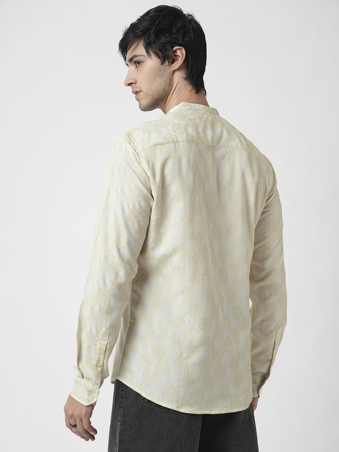 Ivory Floral Intricate Jacquard Creased Shirt