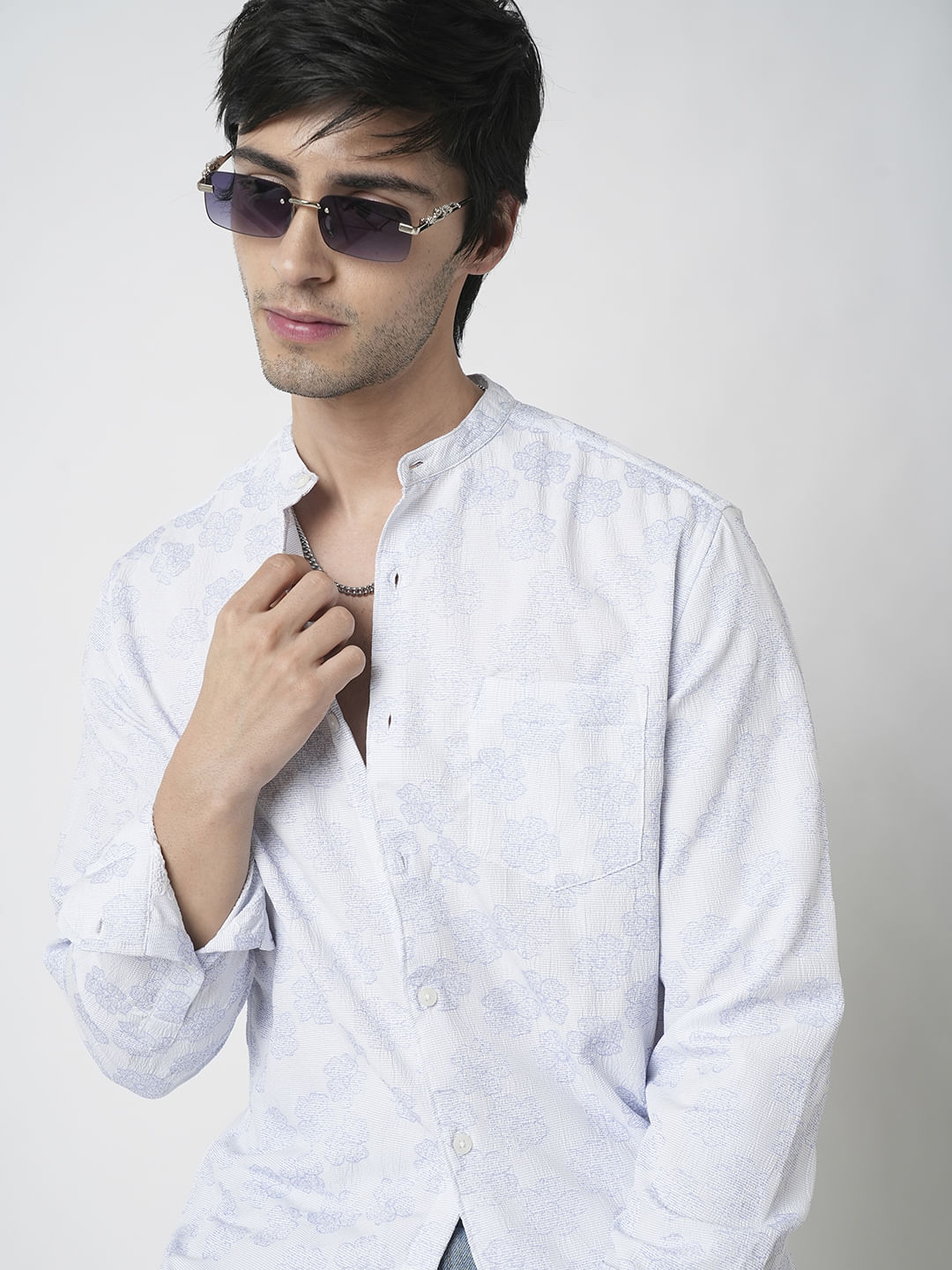 Cool Blue Floral Intricate Jacquard Creased Shirt