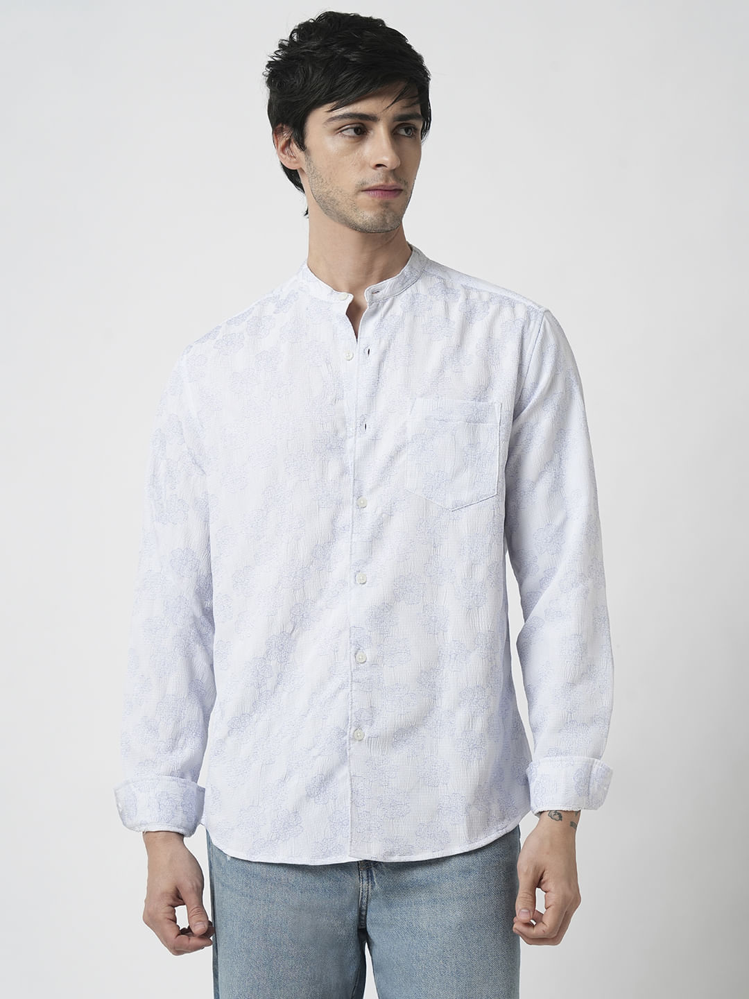 Cool Blue Floral Intricate Jacquard Creased Shirt