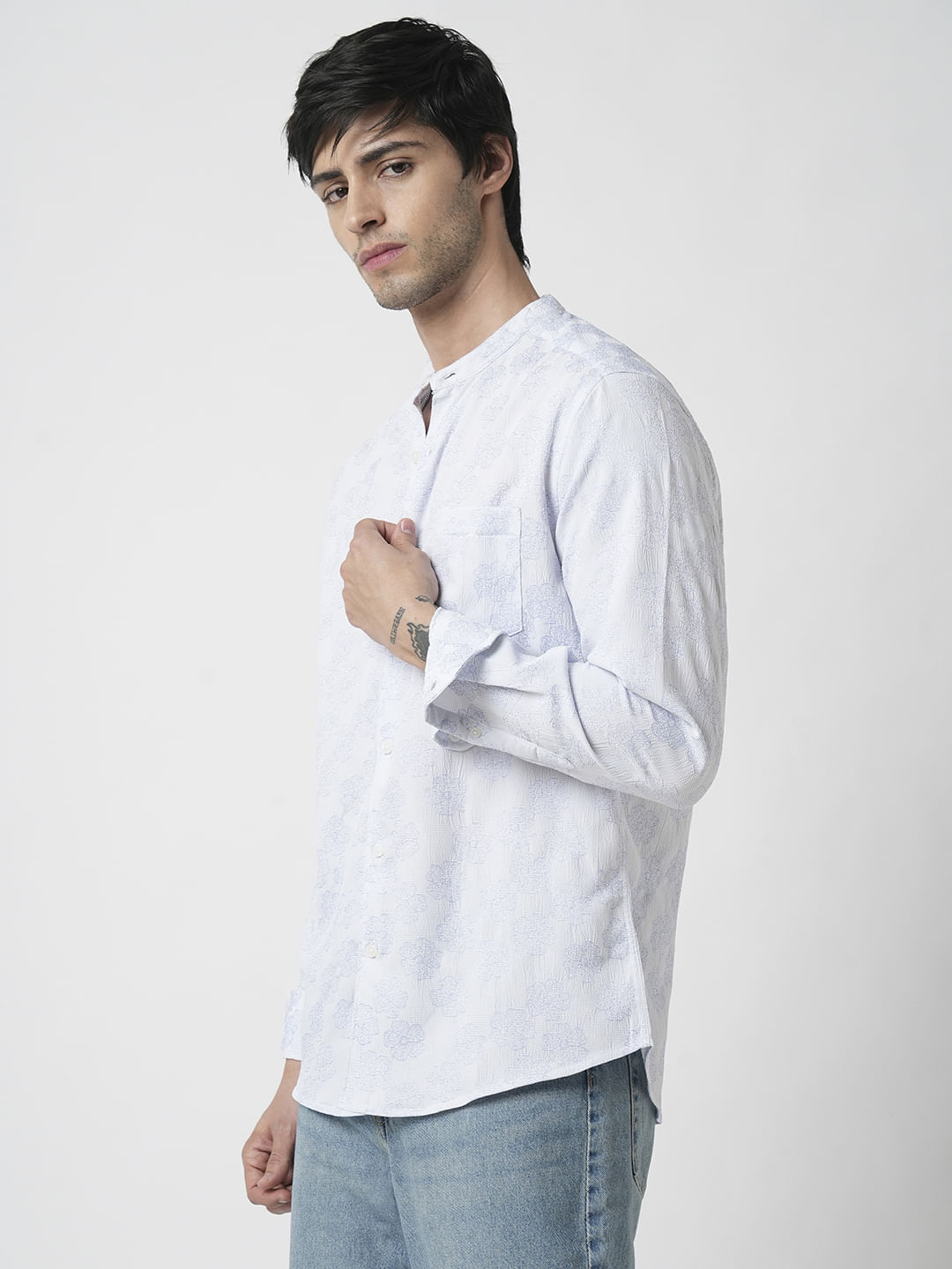 Cool Blue Floral Intricate Jacquard Creased Shirt