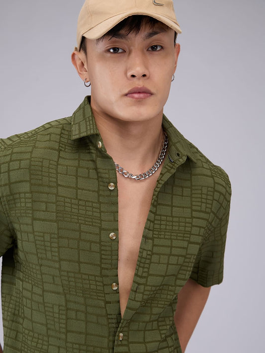 Olive Bold Square Textured Shirt
