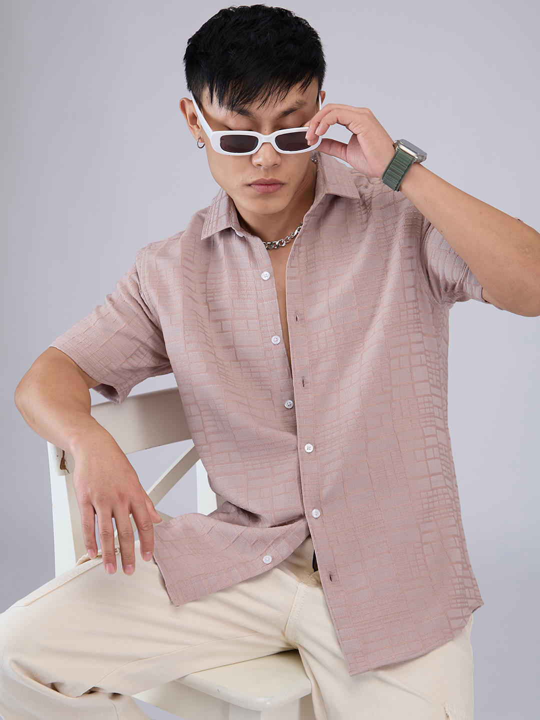 Pale Pink Bold Square Textured Shirt