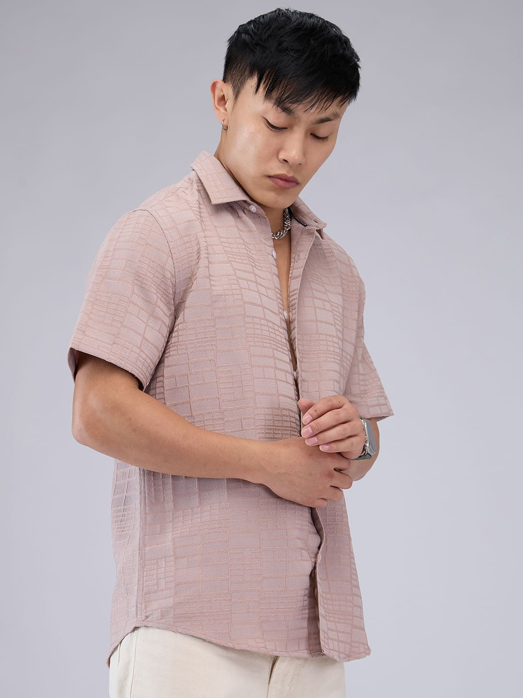 Pale Pink Bold Square Textured Shirt