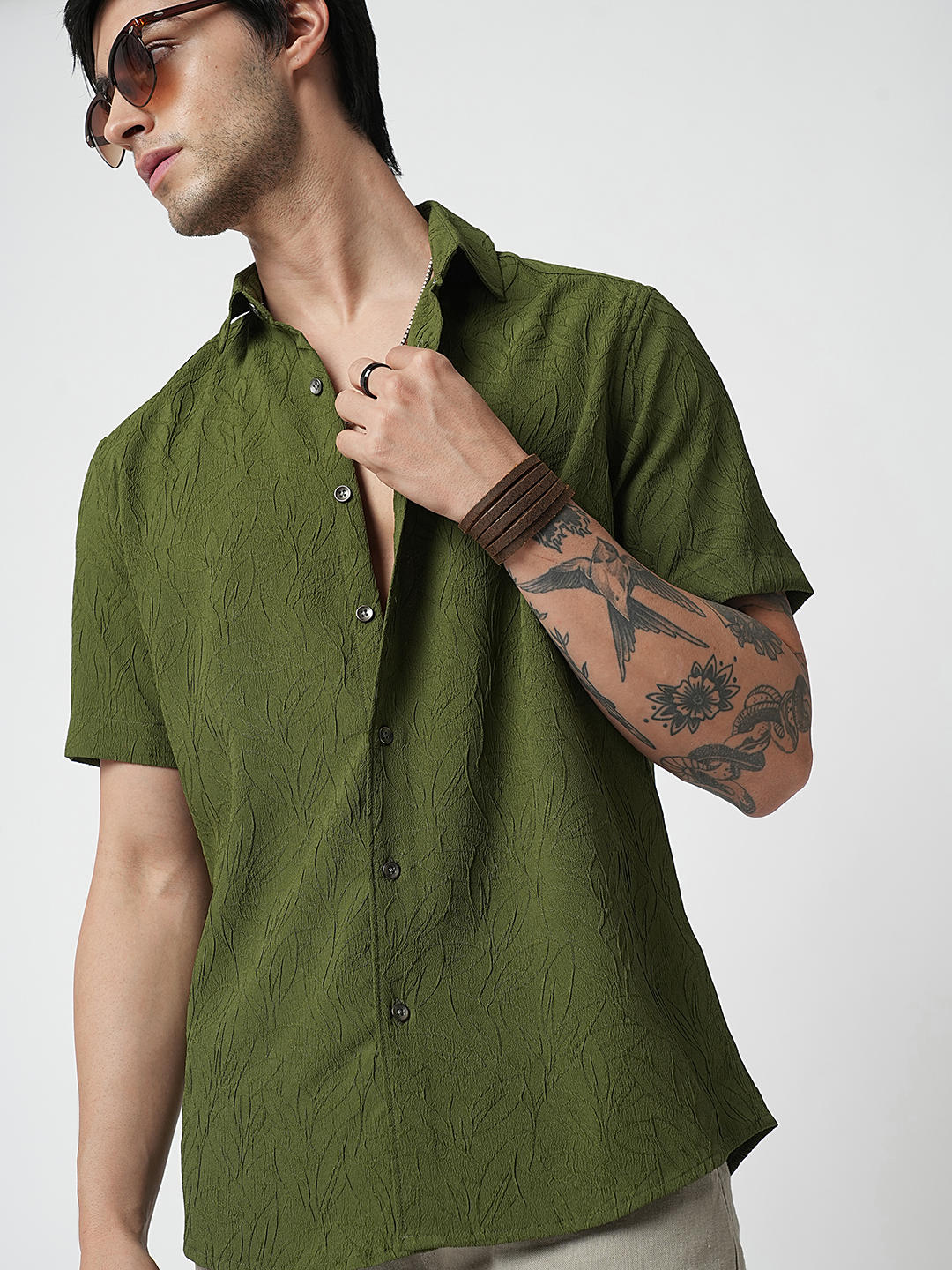 Moss Green Leaf Textured Shirt