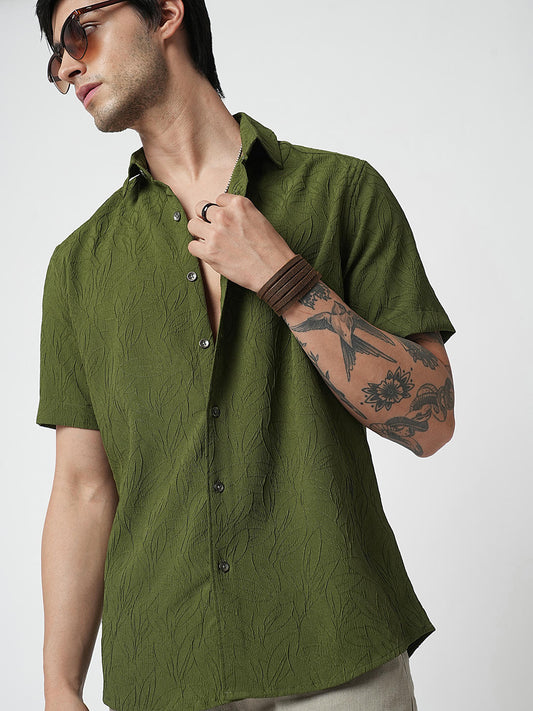 Moss Green Leaf Textured Shirt