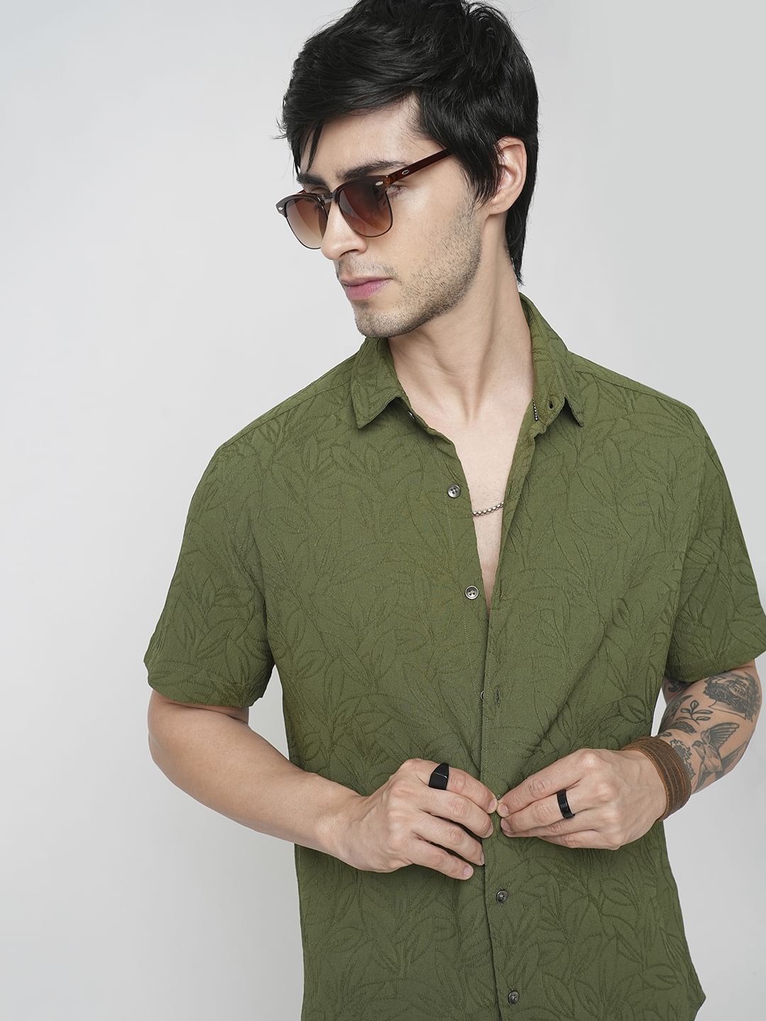 Moss Green Leaf Textured Shirt