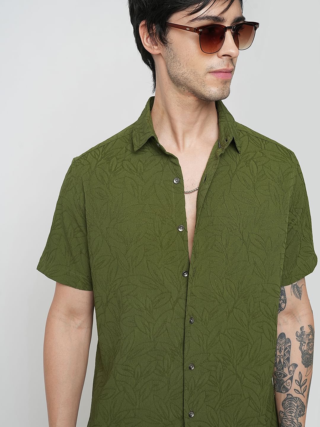 Moss Green Leaf Textured Shirt
