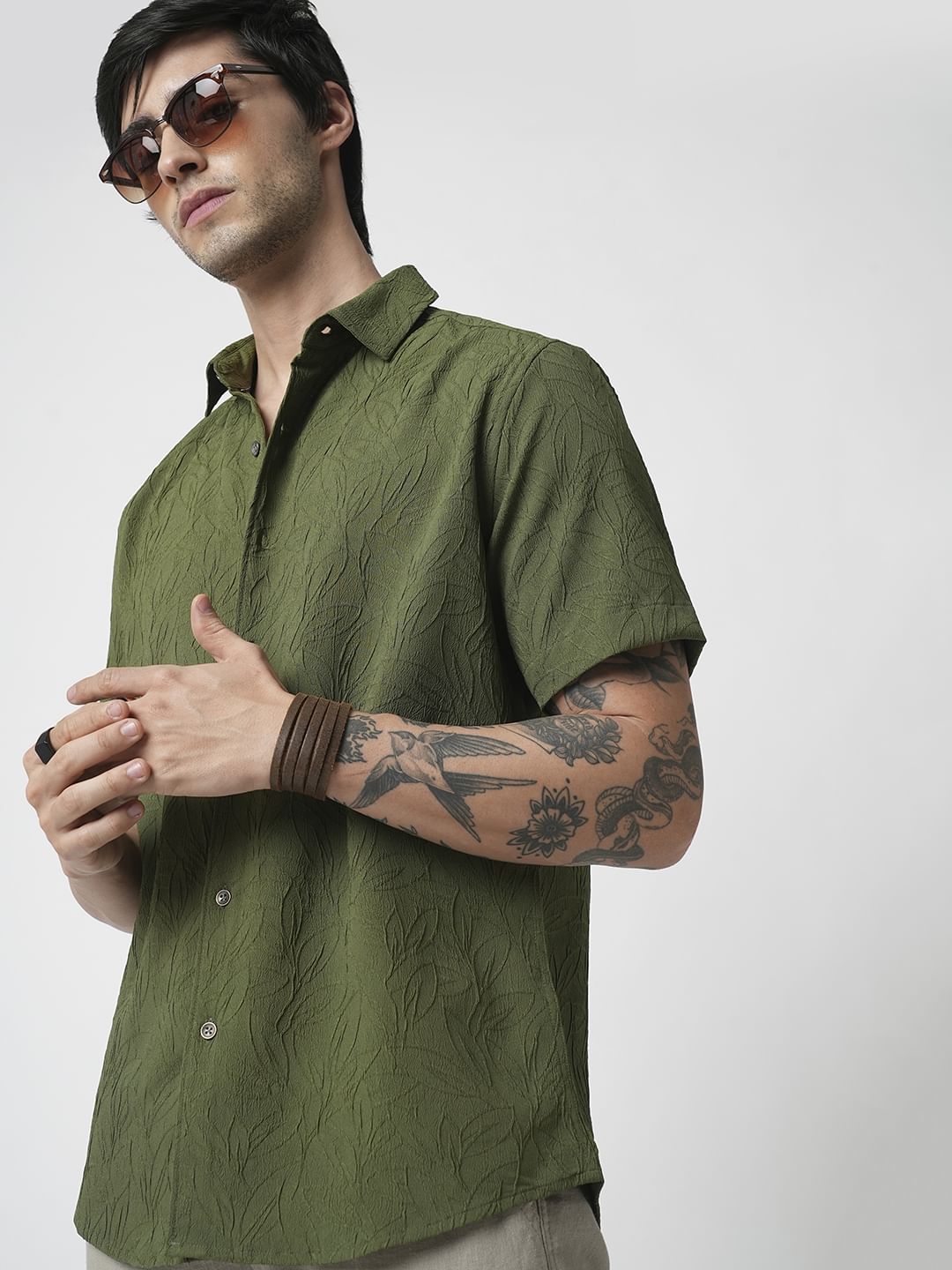 Moss Green Leaf Textured Shirt