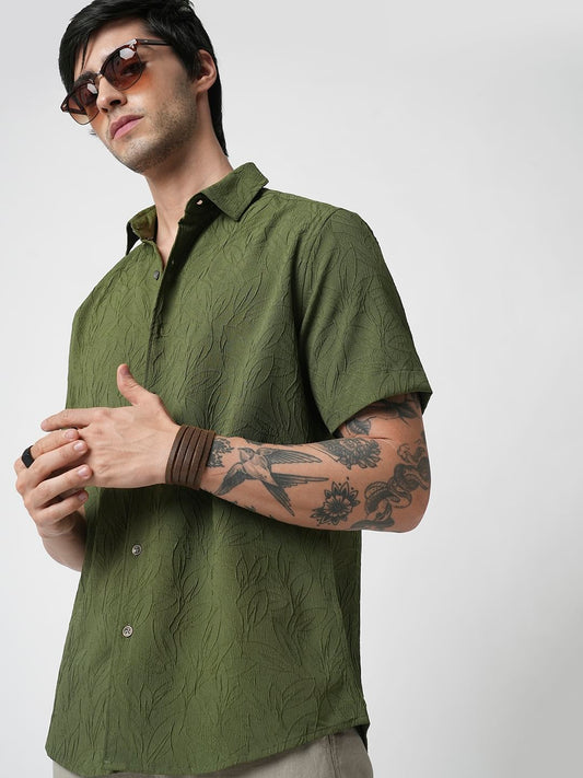 Moss Green Leaf Textured Shirt