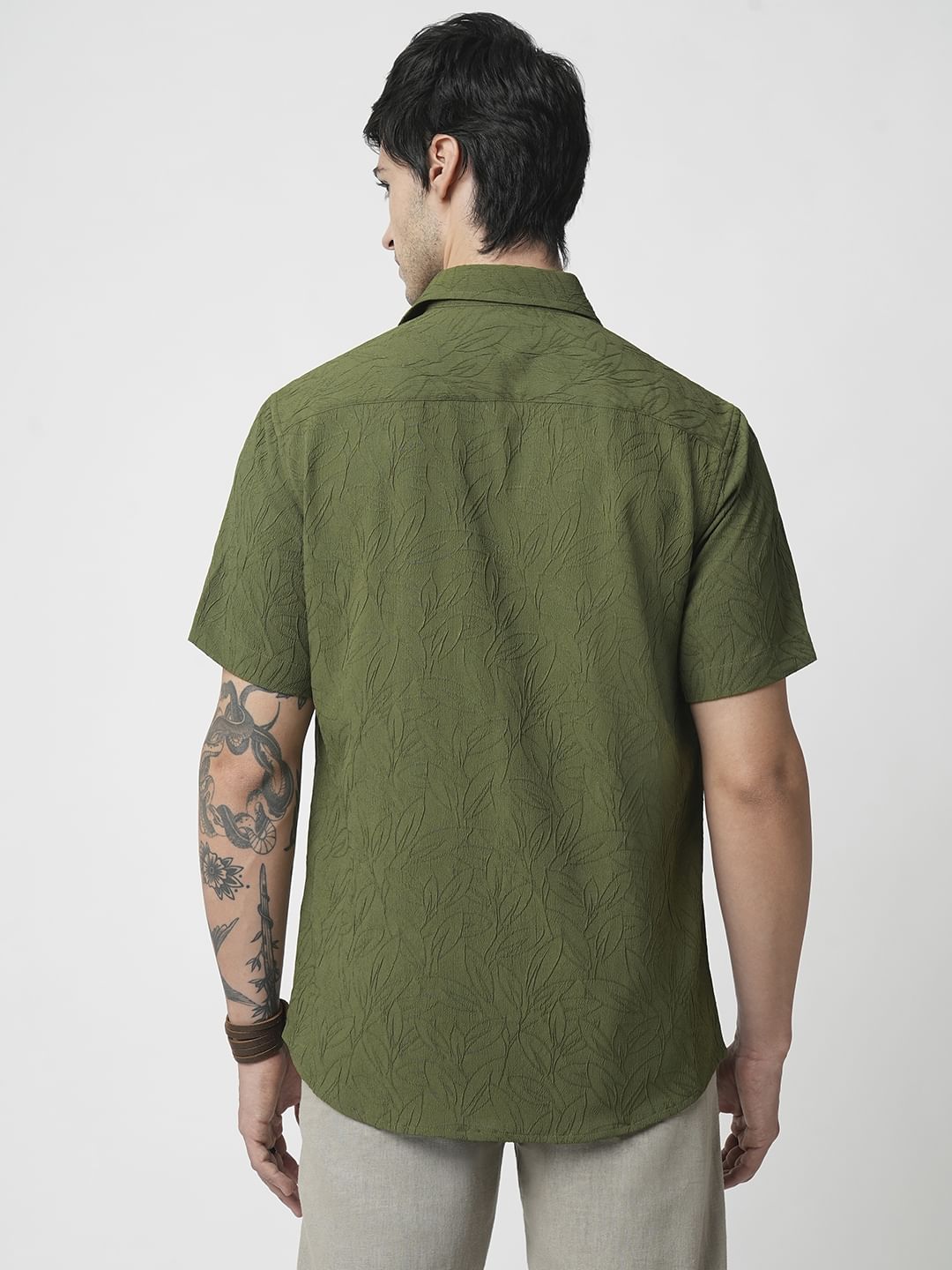 Moss Green Leaf Textured Shirt