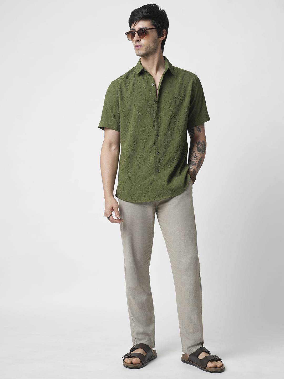 Moss Green Leaf Textured Shirt