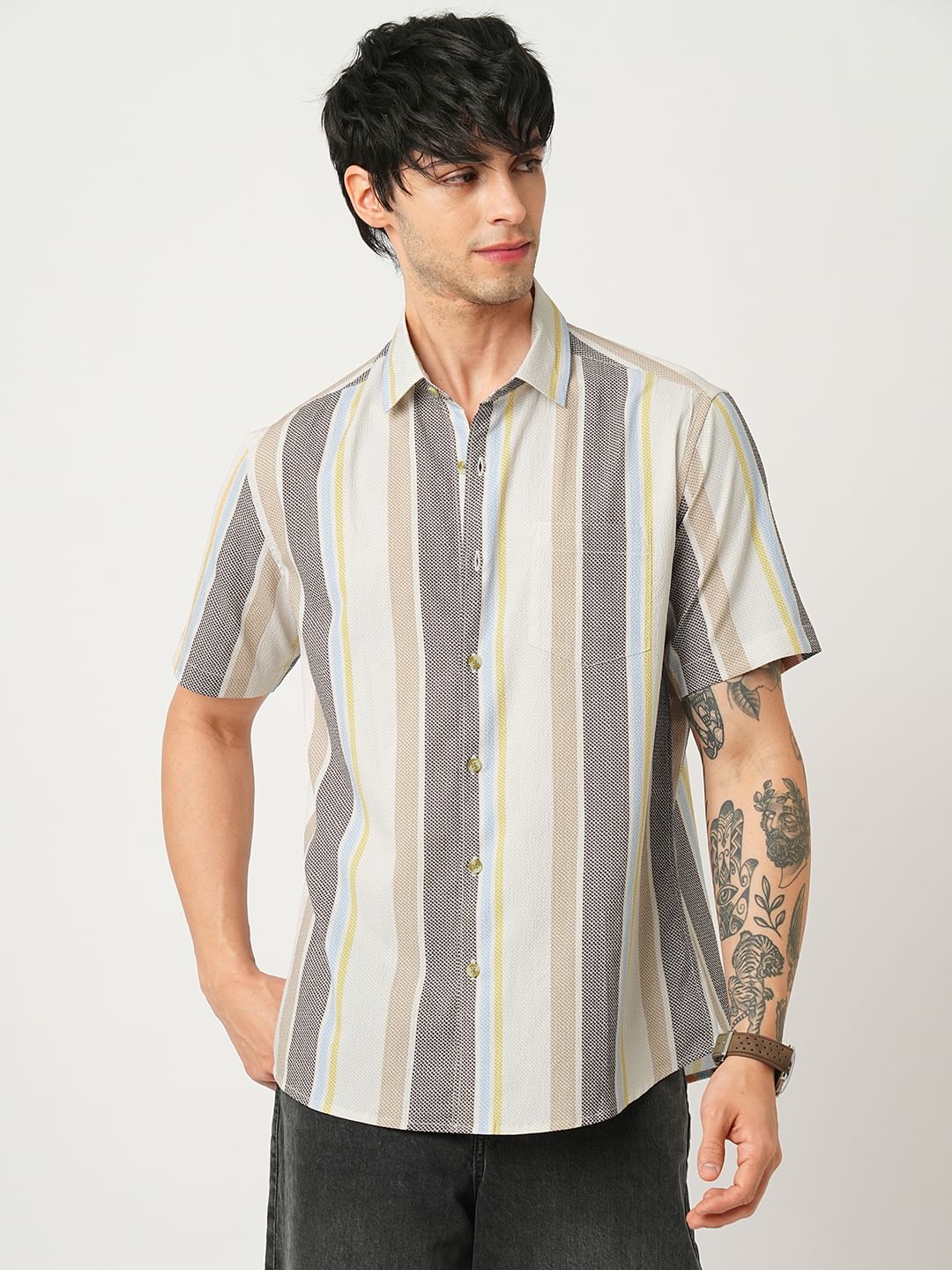 Multicolour Broad Striped Creased Shirt