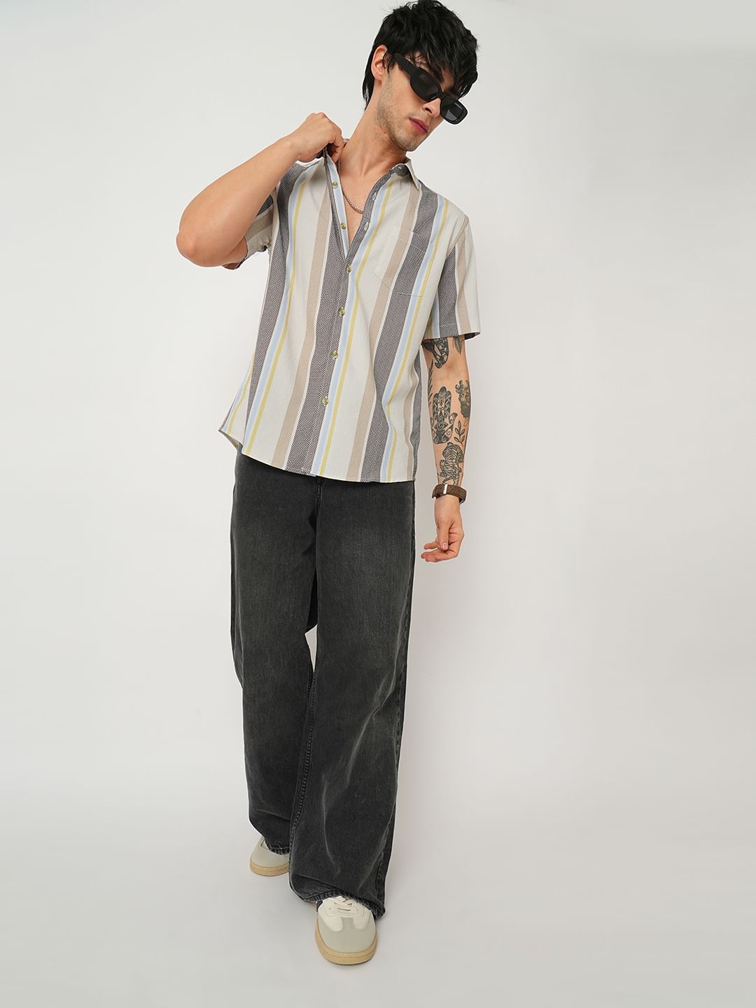 Multicolour Broad Striped Creased Shirt