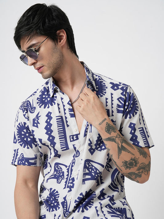 White and Blue Tribal Printed Creased Shirt
