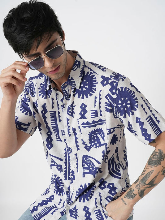 White and Blue Tribal Printed Creased Shirt