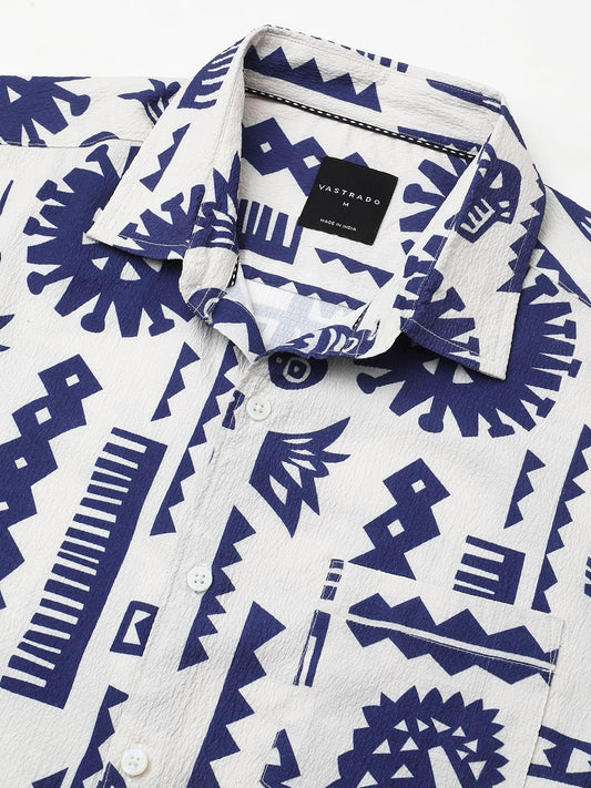 White and Blue Tribal Printed Creased Shirt