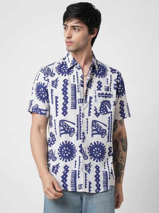 White and Blue Tribal Printed Creased Shirt