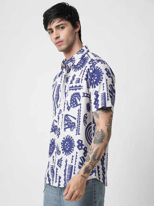 White and Blue Tribal Printed Creased Shirt
