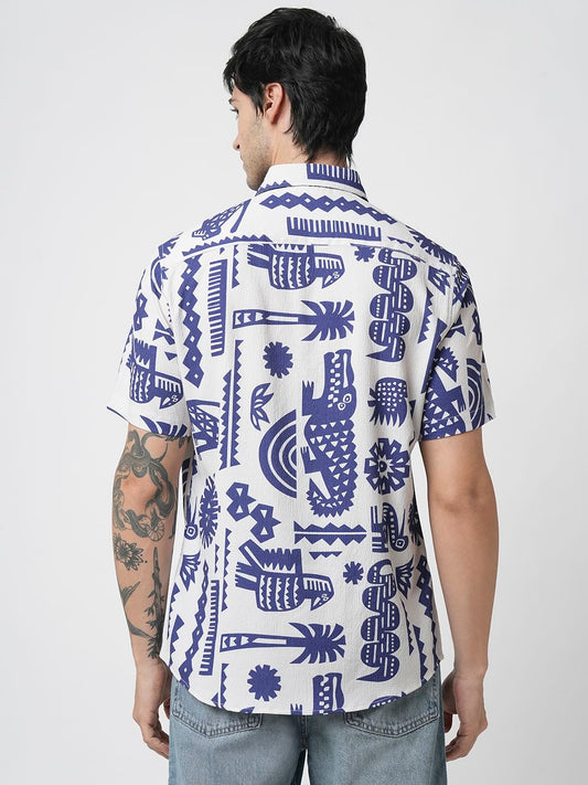 White and Blue Tribal Printed Creased Shirt