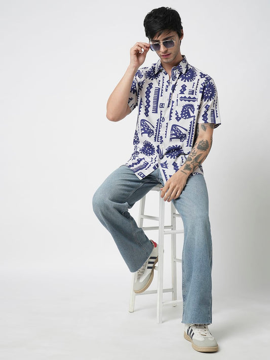White and Blue Tribal Printed Creased Shirt