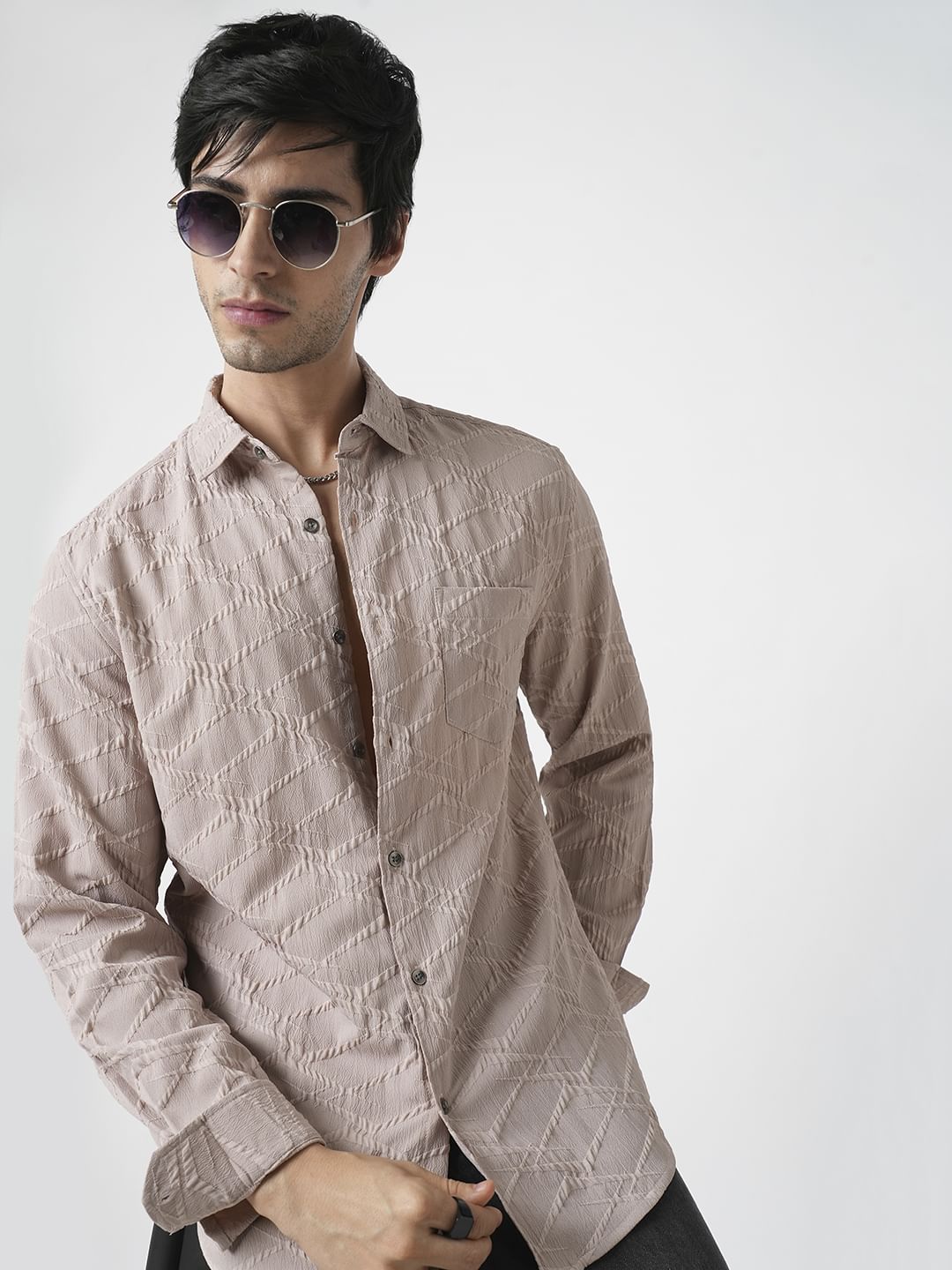Honey Beige Abstract Textured Detailed Shirt