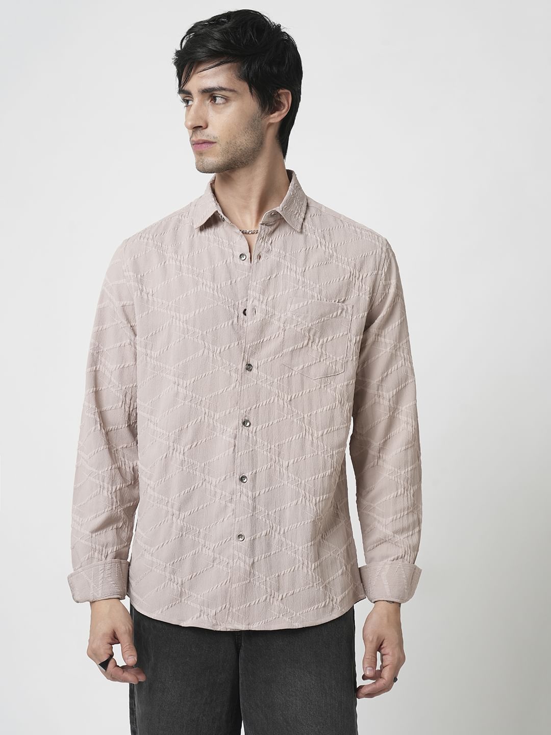 Honey Beige Abstract Textured Detailed Shirt