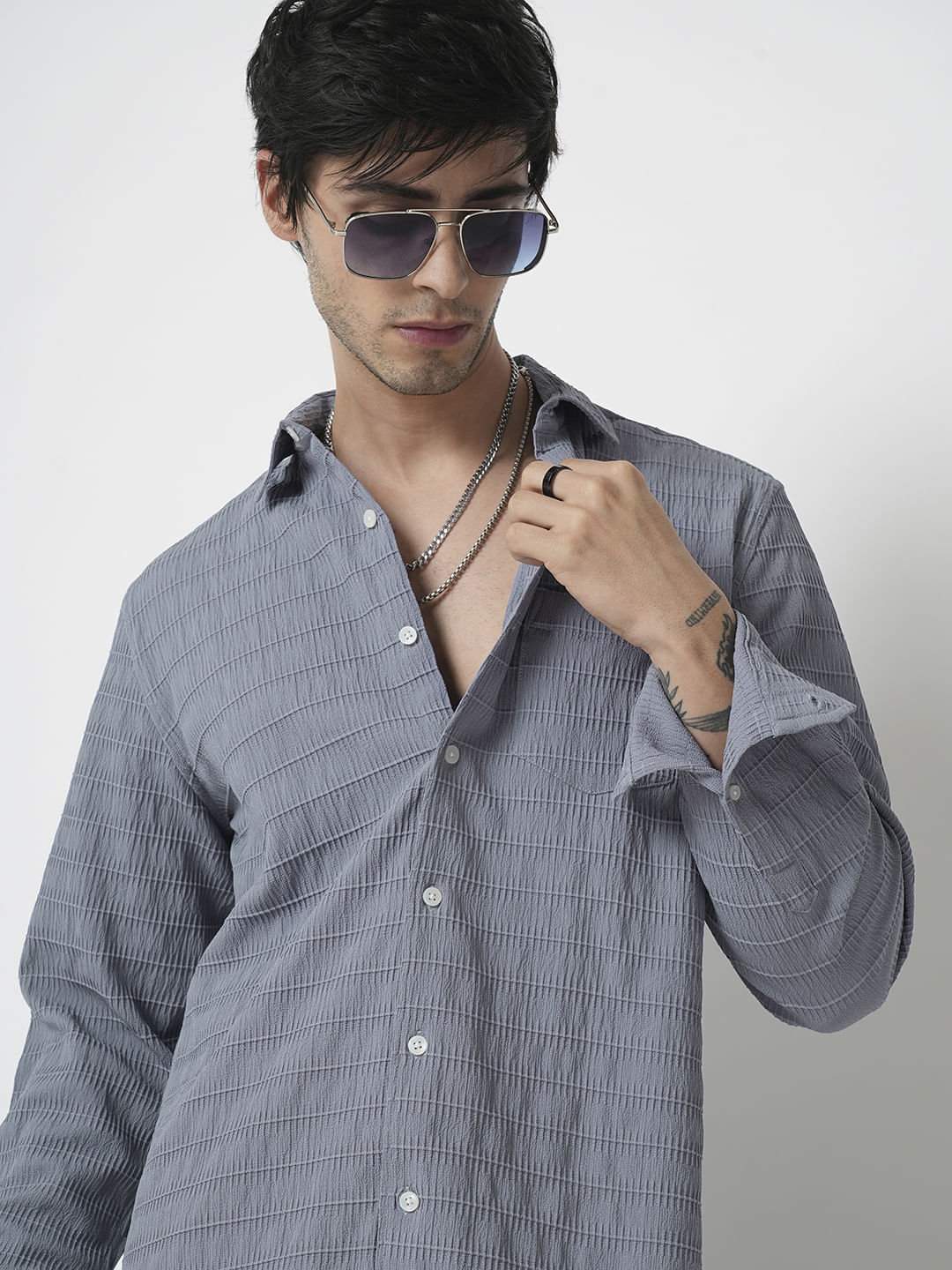 Bluish Grey Horizontal Stripe Textured Shirt