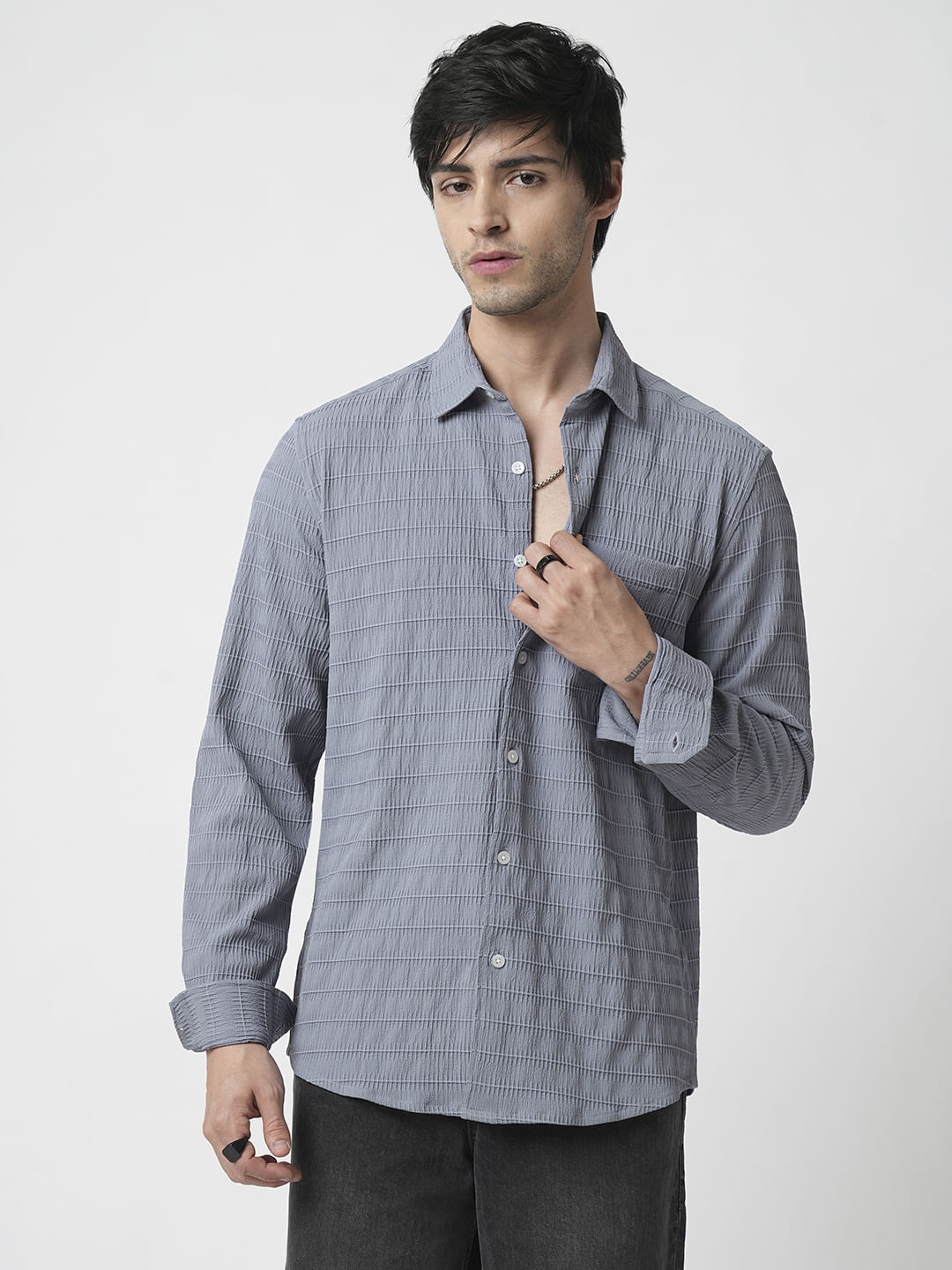Bluish Grey Horizontal Stripe Textured Shirt