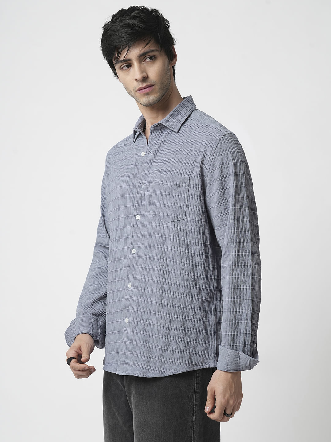 Bluish Grey Horizontal Stripe Textured Shirt