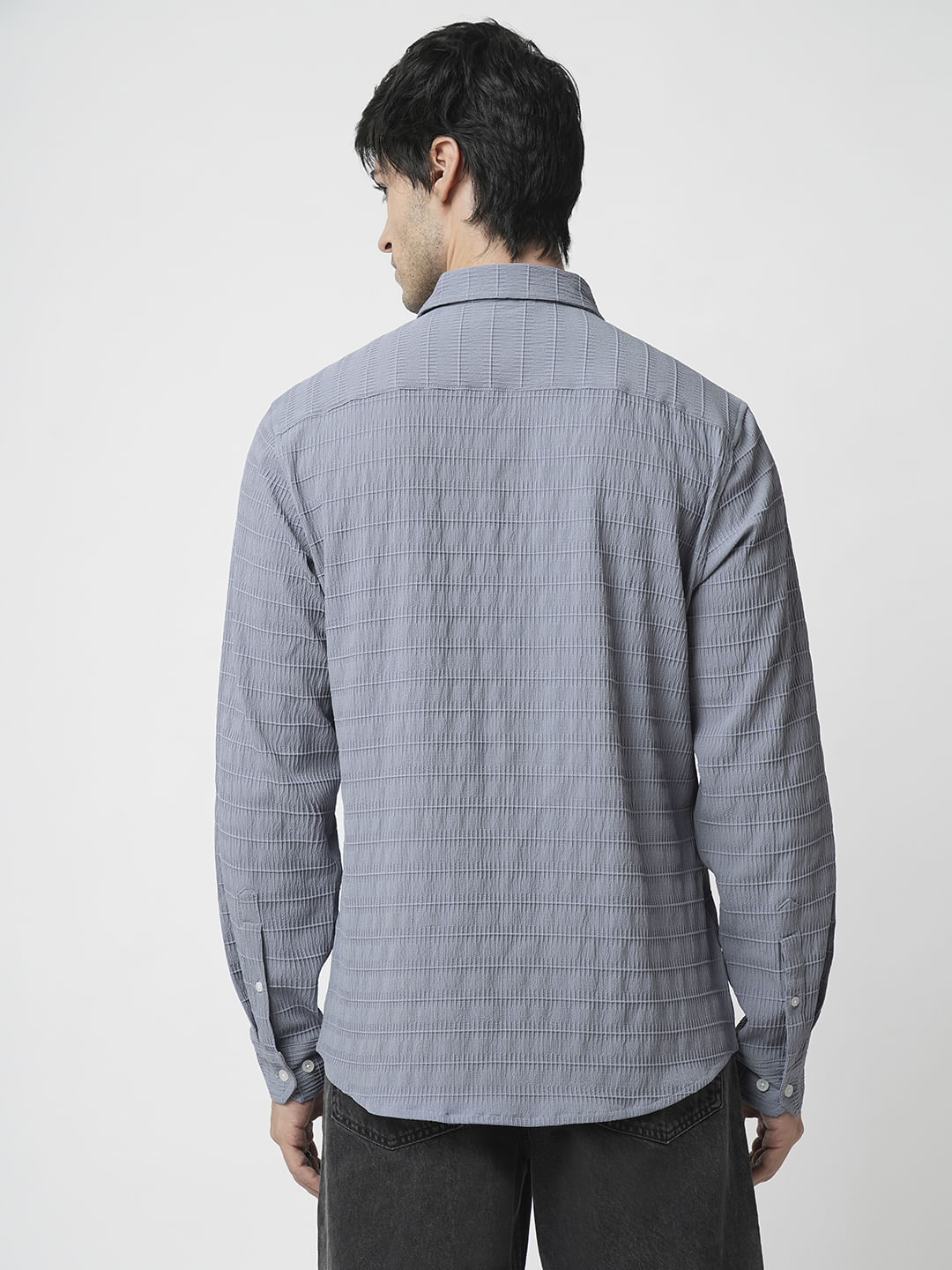 Bluish Grey Horizontal Stripe Textured Shirt