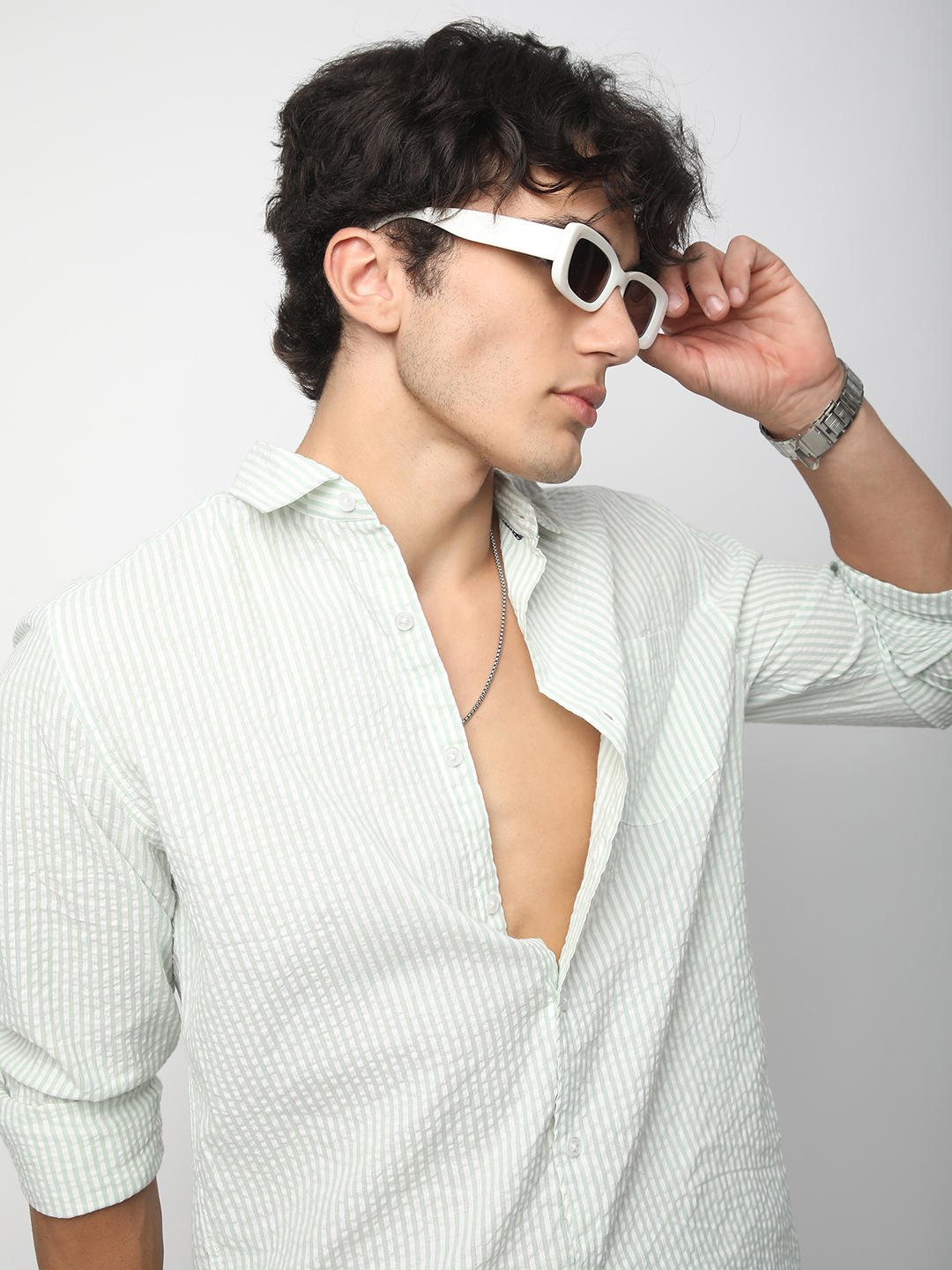 Sea-foam Green Seersucker Striped Shirt