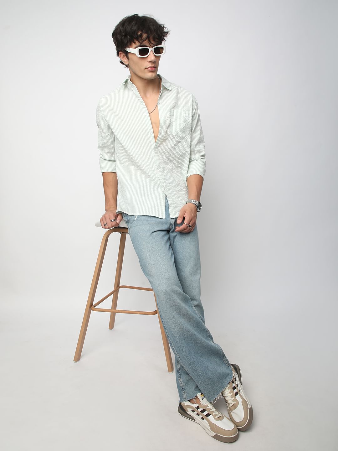 Sea-foam Green Seersucker Striped Shirt
